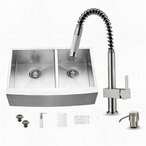 Vigo Vg15136 All In One 33"" Farmhouse Stainlesss Steel Double Bowl Kitchen Sink And Faucet Set