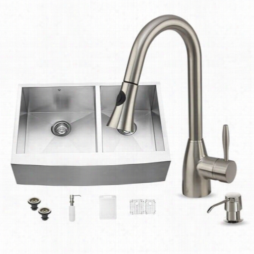 Vigo Vgl5138 All In One 33"" Farmhouse Stainless Steel Double Bowl Kitchen Sink And G02013st Faucet Set