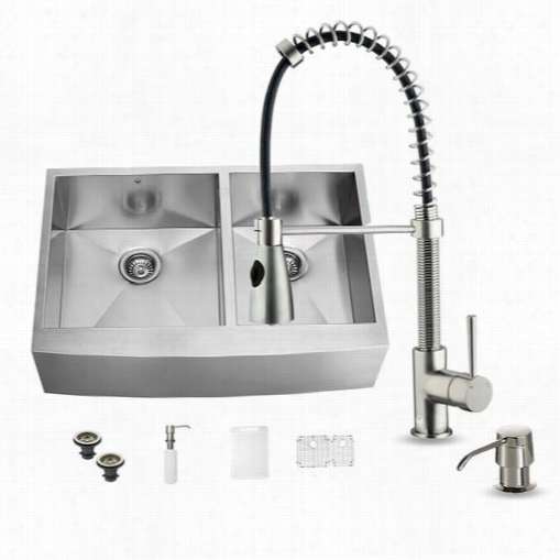 Vigo Vg15195 Farmhouse 9-1/2"" Spout Stainless Steel Double Bowl Kitchne Sink And Faucet Se T