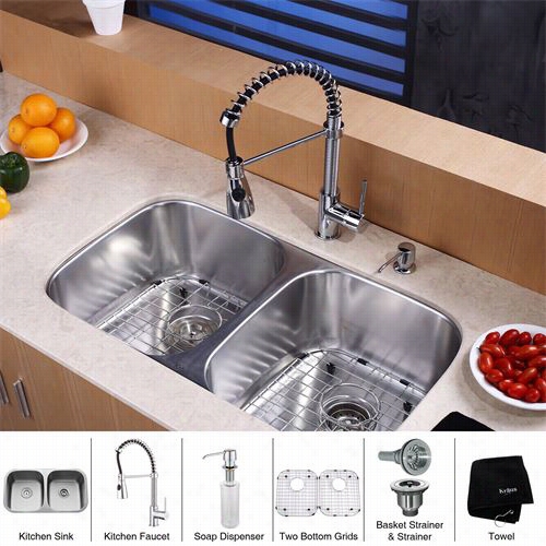 Kraus Kbu22_kpf1512-ksd30 32"" Undermount Double Bowl Stainless Steel Kitche N Sink With Kitchen Faucet And Soap Dispenser