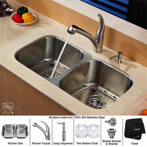 Kraus K Bu22-kpf2110-sd20 32"" Undermount Double Bowl Stainless Stee L Kitchen Sin Kwith Kittchen Faucet And Soap Dipsense