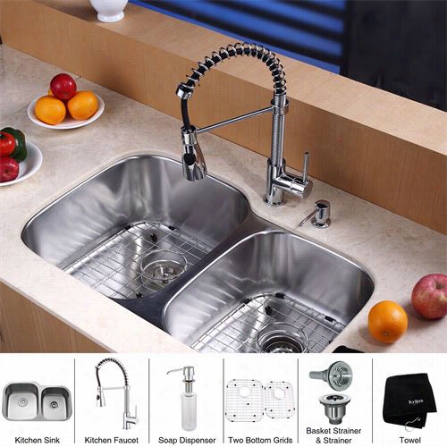 Kraus Kbu24-kpf1612-ksd30 32&uot;&q Uot; Undemount Double Obwl Stainless Steel Kittchen Sink With Kitchen Faucet And Soap Dispenser