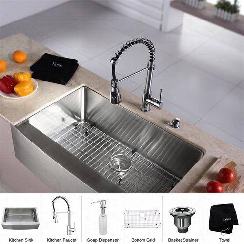 Kraus Khf200-33-kpf1612-ksd30 33"" Farmhouse Single Bowl Stainless Steel Kitchen Sink With Kitchen Faucet And Soap Dispenser