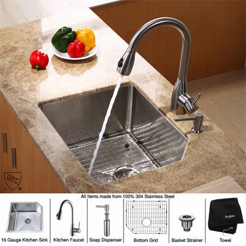 Kraus Khu121-23-kpf2130-sd20 2&3quot;"  Undermountt Single Bow Lstainless Steel Kitchen Sink With Kitchen Faucet And Soa Disepnser