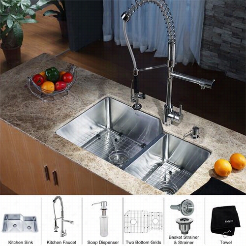 Kraus Hu123-32-kpf1602-ksd30 32"" Undermount Double Bowl Stainl Es S Steel Kitchen Sink With Kitchen Faucet And Soap Dispenser