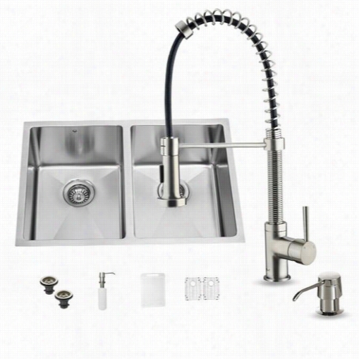 Vigo Vg15185 All In One 29"" Undermount Staihless Steel Double Bowl Kitchen Sink And Faucet Set