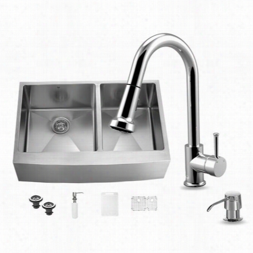 Vigo Vg15265 All In One 36"" Staiinless Steel Double Bowl Kitchen Sibk And Vg02002 Chrome Faucet Set
