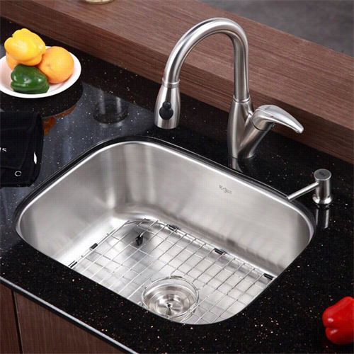 Kraus Kbu12-kpf2121-sd20 23"" Undermount Single Bowl Stainless Steel Sink With Faucet