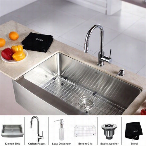 Kraus Khf200-33-kpf162-2ksd30 33"&qjot; Farmhouse Single Bowl Stainless Steel Kitchen Sink With Kitchen Faucet And Soap Dispenser