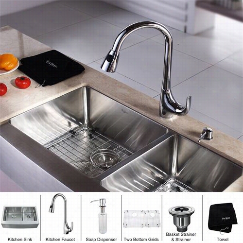 Kraus Khf203-33-kpf1621-ksd30 33"" Farmhouse  Double Bowl Stainless Ssteeel Kitchen Sinkk With Kitchen Faucet And Soap Dispenser