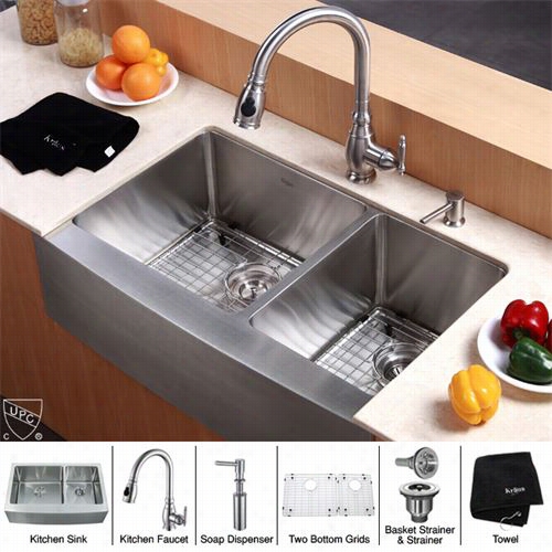 Krausk Hf203-33-kpf2150-s2d0 33"" Farmhouse Double Bowl Stainless Steel Sink With Kpf2150 Faucet