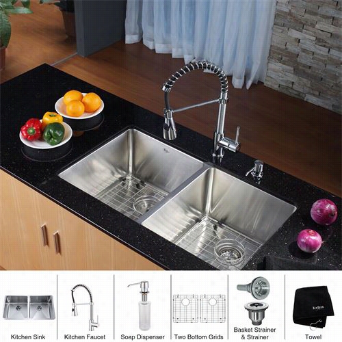 Kraus Khu10233-kpf1612-ksd30 33"" Undermount Double Bowl Stainless Steel Kitchen Sink With Kitchne Faucet And Soap Dispenser