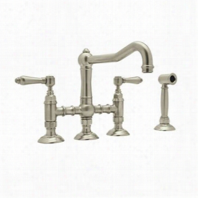 Rohl A1458lpwsstn-2 Country Kitchen Three Leg Double Hndle Bridge Faucet In Satin Nickel With Side Spray Porcelain Levers