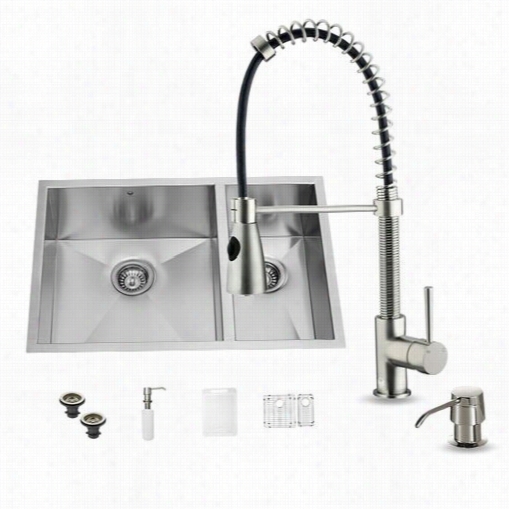 Vigo Vg15178 All Ni Oen 29"" Undermount Stianless Steel Double Bowl Kitchen Sink And Faucet Set