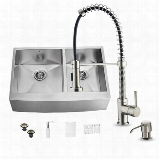 Vigo Vg15193 Farmhouse 9-1/2"" Spout Stailness Steel Double Bowl Kitchen Sin K And Faucet Set