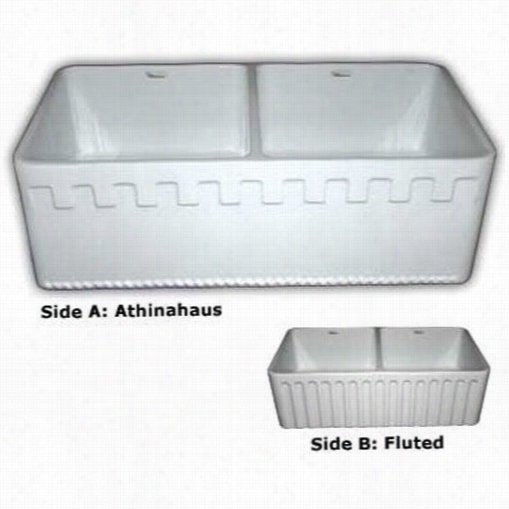 Whitehaus Whflatn3318 33&qout;" Reversiblw Double Bowl Fireclay  Sink With Athinahaus Front Apron