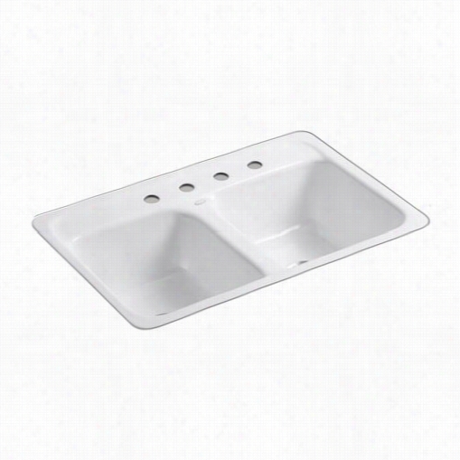 Kohled -k59950-4 Delafield Cast Iron 32"" Tile-in/metal Fram Erectangular Double Equal Basin Kjtchen Sink With 4 Hoole 8 "" Widespread Faucet Drilling