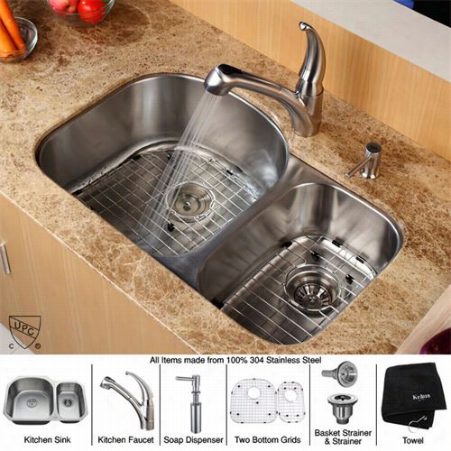Krauskbu23-kpf2110-sd20 32"" Undermount Doubl Ebowl Stinless Stel Kitchen Sink Wiht Kitchen Faucet And Soap Dispenser