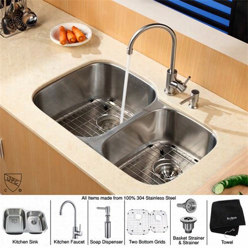 Kraus Kbu24-kpf2160-sd20 32"" Undermouunt Double Bowl Stainless Steel  Kitchen Sink With Kitchen Faucet And Soap Dispenser