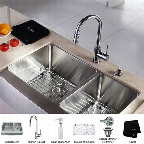 Krau Khf203-33-kpf1622-ksd30 33"&quott; Farmhouse Double Bowl Stanless  Steel Kitchen Sink Attending Kigchen Faucet Ands Oap Distributer