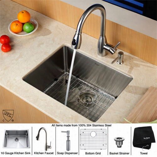 Kraus Khu101-23-kpf2130-sd20 23"" Underrmount Single Bowl Stainless Steel Kitchn Sink With Kitchen Faucet And Soap Dispenser