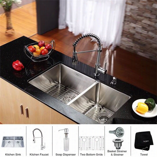 Krais Khu103-33-kpf1612-ksd30 33"" Undermount Double Bowl Stainless Steel Kitchen Sink With Kitchen Faucet And Soap Dispenser