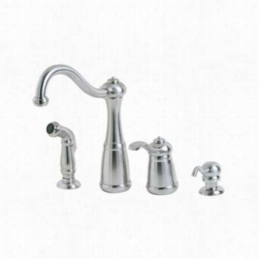 Pfister Gt26-4nss Marielle 4 Hole Kitchen Faucst In Stainless Steel With Spprqy And Soap Dispenser