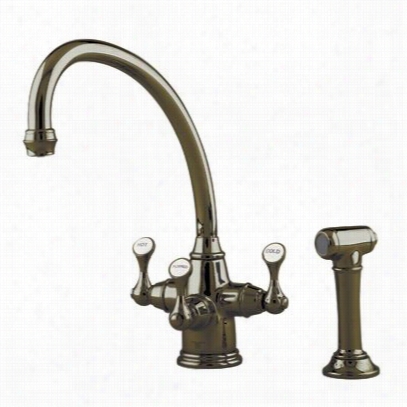 Rohl U.1520ls-eb-2 Traditional Etrucsan Three Lever Handle Kitchen Faucet In English Bronze With ""broken Neck"" Spout And Sidespray