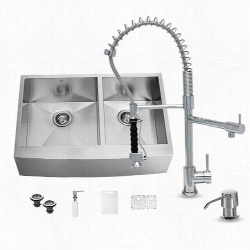 Vigo Vg15198 Farmhouse 8-1/8"" Spout Stainless Steel Doubld Bowl Kicthen Sink And Chrome Faucet Set