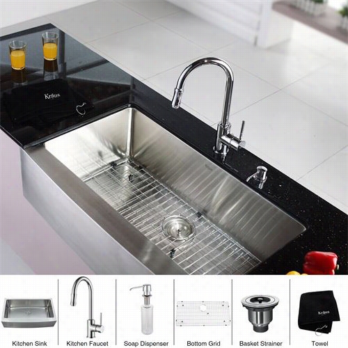 Kraus Khf20-36-kpf1622-ksd30 36"" Farmhouse Single Bo Wl Stainless Steeel Kicthen Sink Wiht Kitchen Fauucet And Soap Dispenser