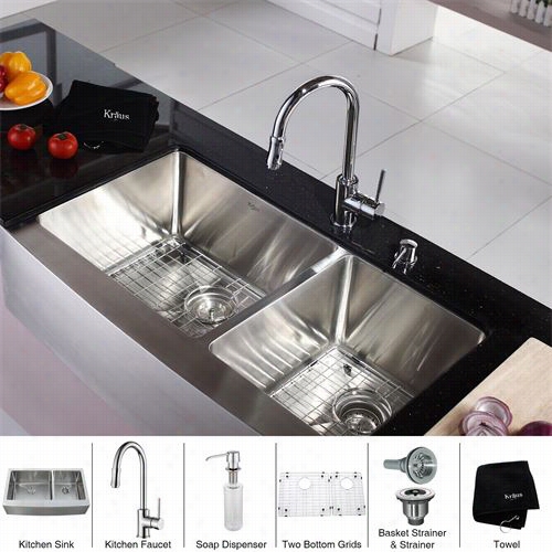 Kraus Khf203-36-kpf1622-ksd30 36"" Famhouse Double Bow L Stainless Steel Kitchen Sink With Kitchen Faucet And Soaap Dispenser