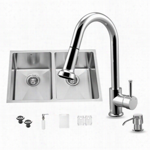 Vigo Vg15186 All  In One 29 "" Underount Stainless Sttee L Double Bowl Kitchen Sink And Chromefaucet Set