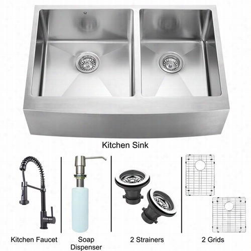 Vigo Vg15404 33"" Farm House Stainless Steel 16 Measure Double Bowl Kitchen Sink And Edison Matte Black Pull Down Spray Kkit Chen  Faucet