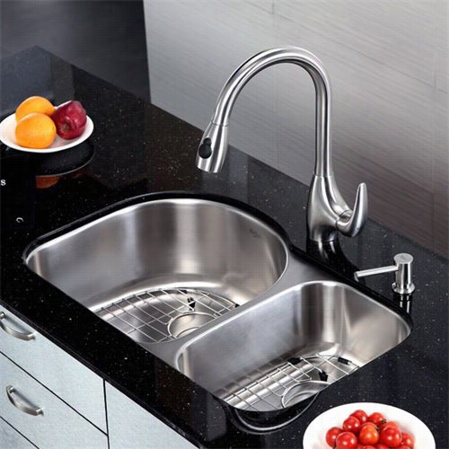 Kraus Kbu21-kpf2170-sd20 30";&q Uot; Nuderrmount Doubl Bowl Stainkess Steel S Ink With Faucet