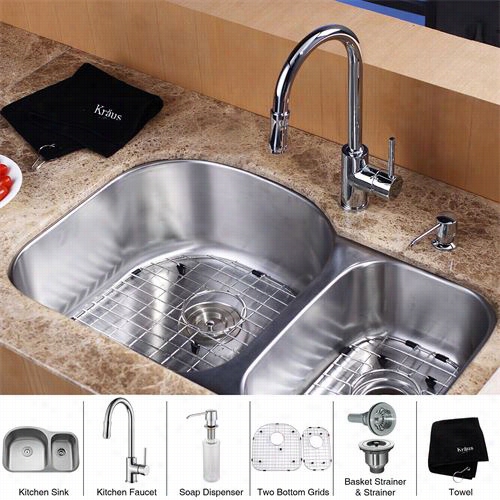 Kraus Kbu23-kpf1622-ksd30 32"" Undermount  Double Bowl Stainless Steel Kitchen Ink With  Kitchen Faucet And Soap Dispenser