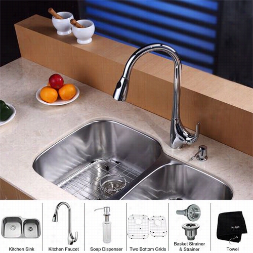 Kraus Kbu24-kpf16621-ksd30 32";" Undermount Double Bowl Stainless Steel Kitchen Sink Wit H Kitchen Faucet And Soap Dispenser