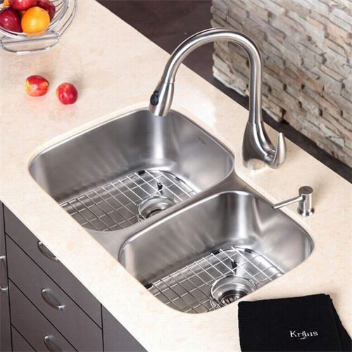 Kraus Kbu24k-pf2170-sd20 32"" Undermount Double Bowl Stainlesss Steels Ink With Faucet