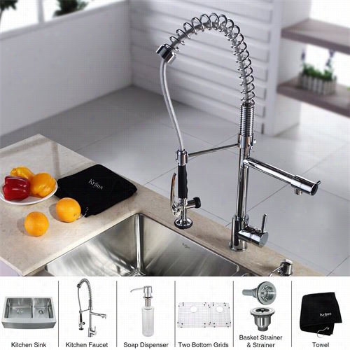 Kraus Khf203-33-kpf1602-kksd30 33"" Farmhouse Double Blwl Stainless Steel Kitchen Sink With Kitchen Faucet And Soap Dispenser