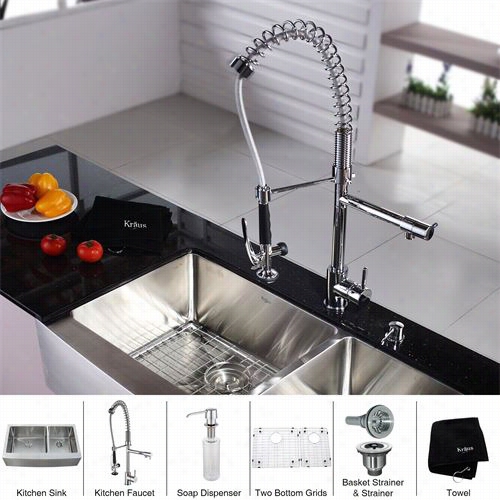 Kraus Khf203-36-kpf160-ksd30 36"" Farmohuse Double Bowl Stainles S Steel Kutchen Sink With Kitchen Faucet And Soap Dispenser