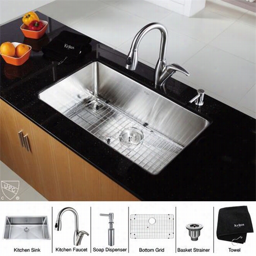 Kraus Khu100-30-kpf2121-sd20 Tsainless  Steel 30"" Undermount Single Bowl Kitxhen Ssink With Kitchen Faucet And Soap Dispenser