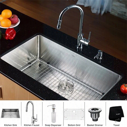 Kraus Khu100-23-kpf1662-2ksd30 32"" Underrmount Single Bowll Stainless Steel Kitchen Sink With Kktchen Faucet And Soap Dispenser