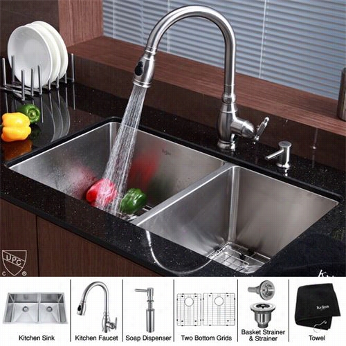 Kras Khu103-33-kpf2150-sd20 33"" Undermont Double Bowl Stainless Steel Isnk With Kpf2150 Faucet