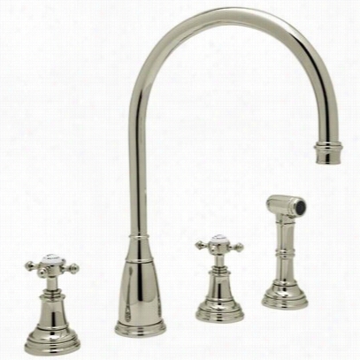 Rohl U.4735x-stn 4 Hole  ""c"" Splut Kitchen Faucet With Sidespray In Satin Nickel