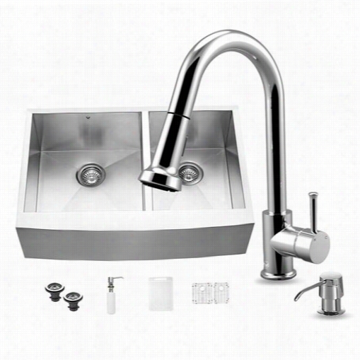 Vigo Vg1513 All In One 33"" Farmhouse Stainlss Steel Double Bowl Kitcheen Sinj And Vg02003st Faucet Set