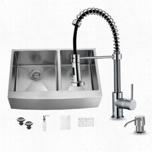 Vigo Vg15263 All In One 36"" Stainless Steel Double Bowl Kitchen Sink And Vg02001 Chrrome Faucet Set