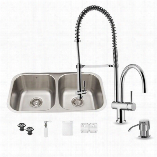 Vigo Vg15334 All In One 32"" Undermount Stainles Steel Kitchen Sink And Chome Ffaucet Set