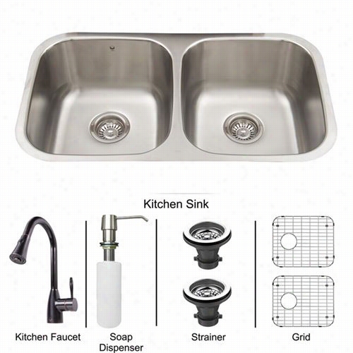 Vigo Vg15400 32"" Undermount Stainless Steel 18 Gauge Double Bowl Kitchen Sink And Aylesbury Antique Rubbed Bronze Pull Down Sprray Kicthen Faucet