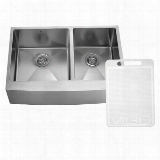 Vigo Vgr620bl  36"" Farmhouse Stainless Steel 16 Gauge Double Bowl Kitchen Sink