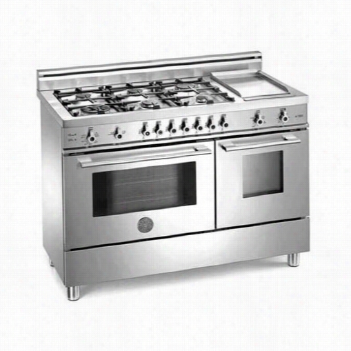 Bertazzoni Pro4 86gdfsx Pro 48"" Dual Fuel Self C Lean Rangs In Stainless With 6 Brass Burners And Griddle