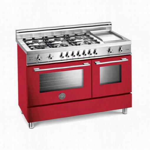 Bertazzoni Pro486ggasro Pro 48"" Gas Range In Rosso Red With 6 Brass Burners And Griddle